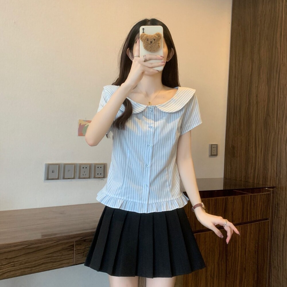 miu系学院风条纹显瘦短袖衬衫女