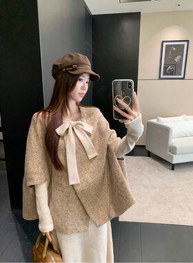 气质感小斗篷香风大衣蝴蝶结套装