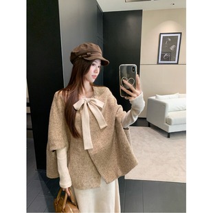 长袖 秋冬气质感小斗篷香风大衣蝴蝶结修身 连衣裙遮肉外搭 新款 套装