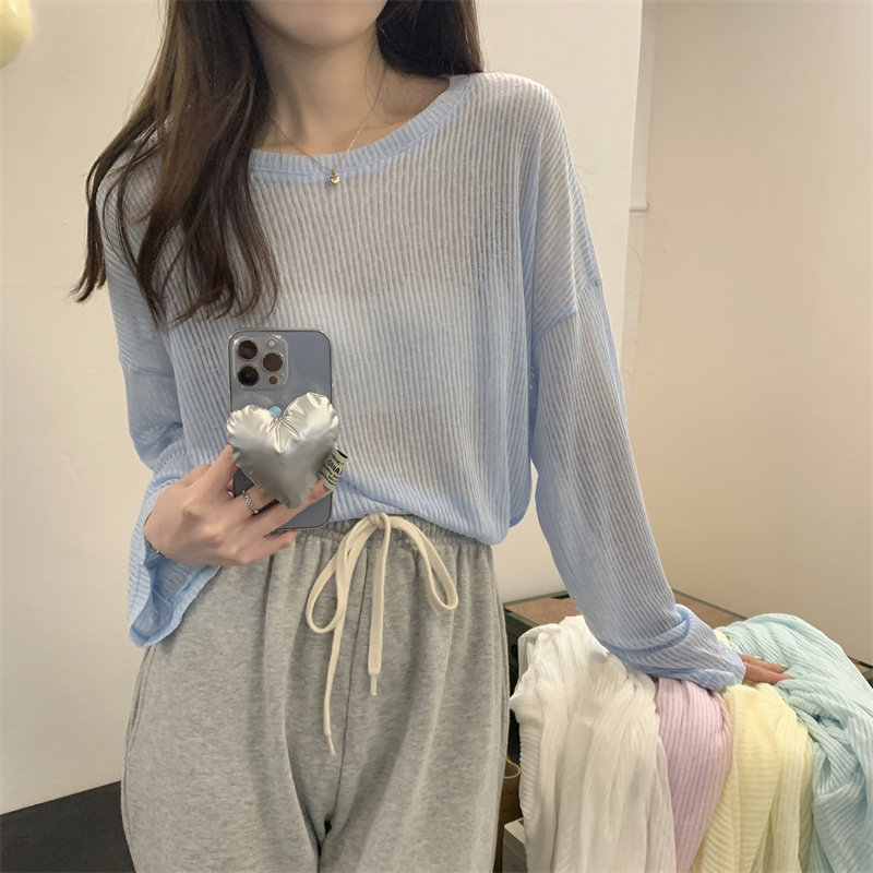 防晒衫长袖薄款少女简约宽松T恤女夏季微透打底衫小众别致上衣潮
