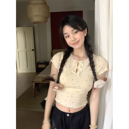 夏季甜美波点蝴蝶结短袖T恤