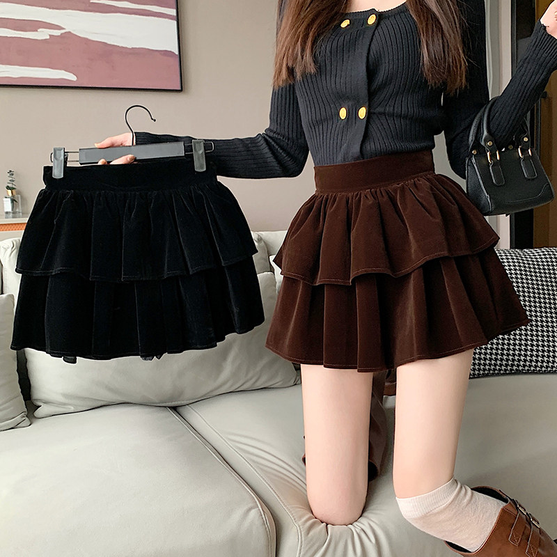 黑色金丝绒高腰显瘦蛋糕半身裙