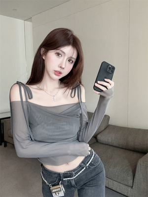 辣妹性感一字肩短款露脐上衣设计感法式网纱长袖防晒系带t恤女夏