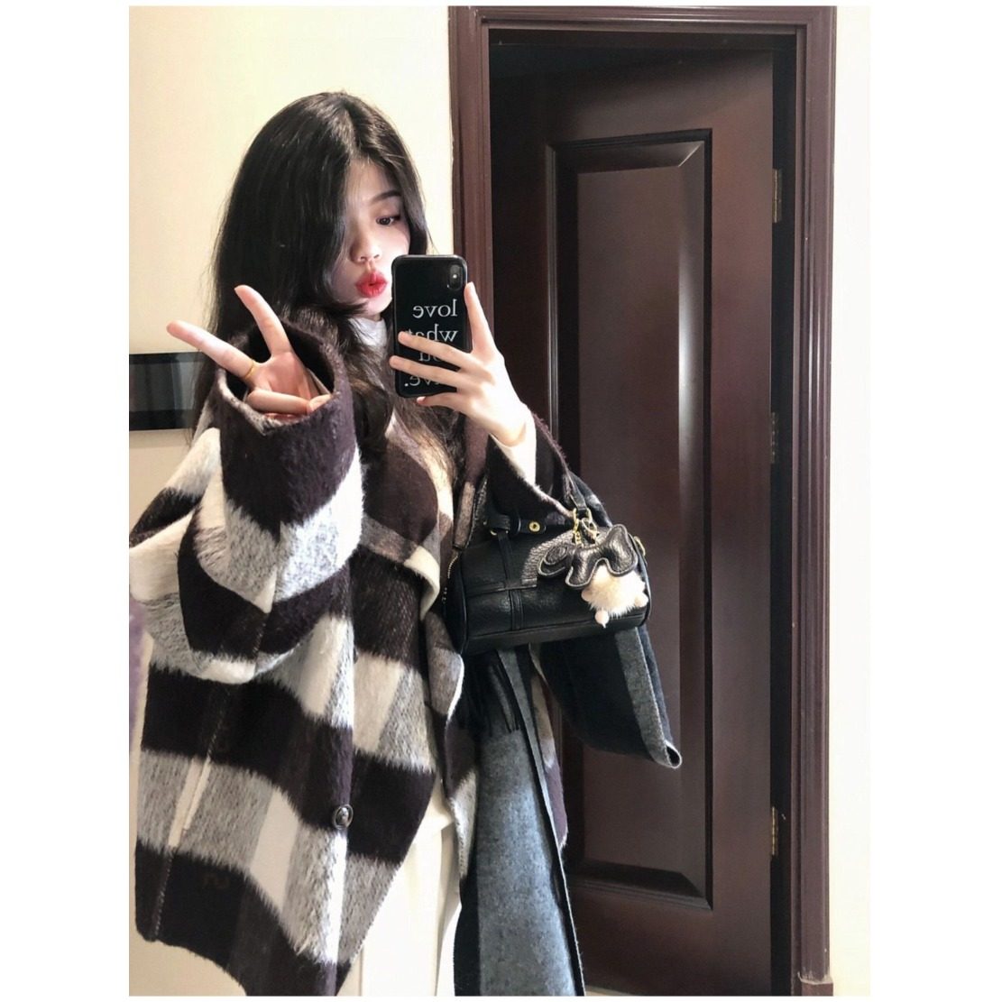 复古赫本格子毛呢加厚外套女