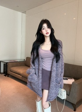 韩系氛围感穿搭紫色毛衣外套女秋季慵懒高级感宽松针织开衫