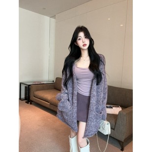 韩系氛围感穿搭紫色毛衣外套女秋季慵懒高级感宽松针织开衫