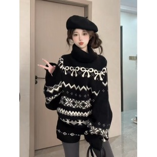 费尔岛套装蝴蝶结提花毛衣秋冬新款高领上衣女高腰短裤针织两件套