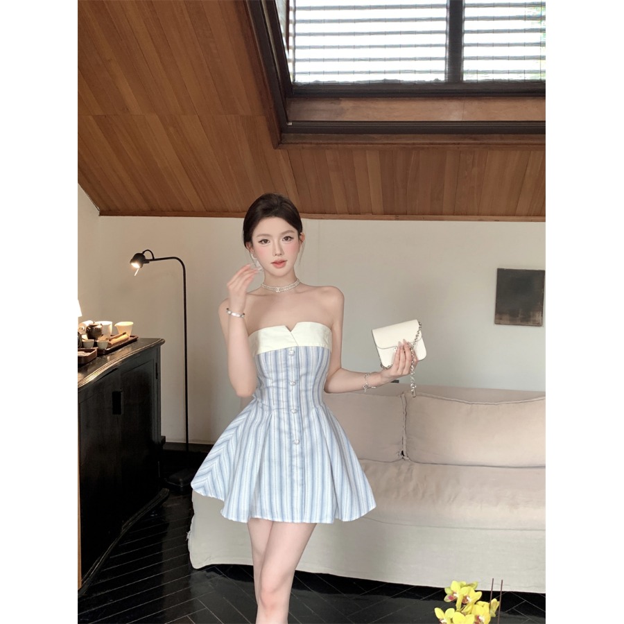 韩系条纹一字肩抹胸连衣裙女夏季蝴蝶结露背收腰a字裙气质短裙子