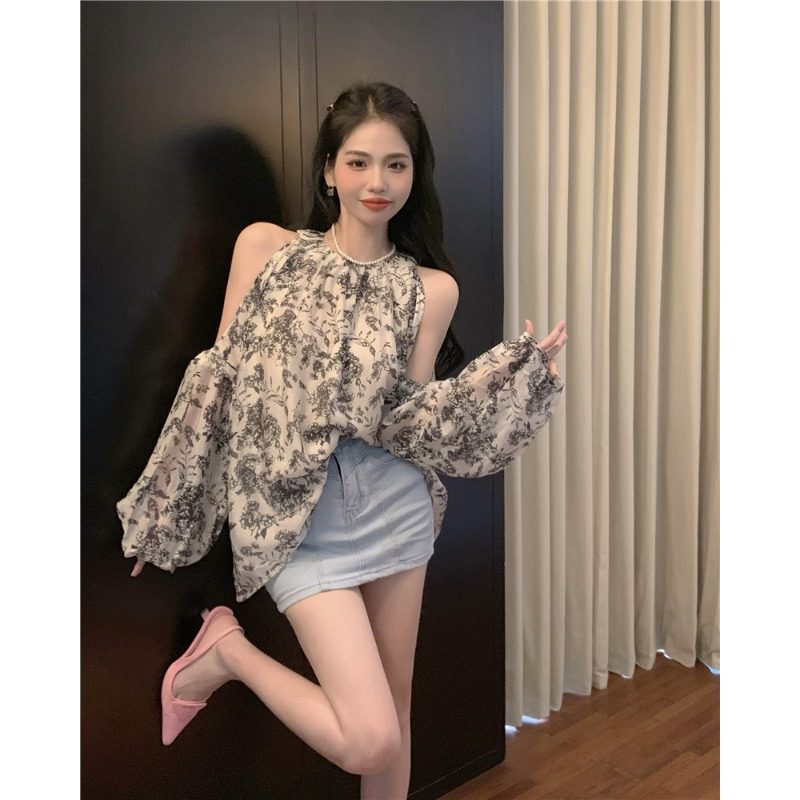 露肩防晒复古法式碎花衬衫女装春季2024新款休闲宽松显瘦雪纺上衣