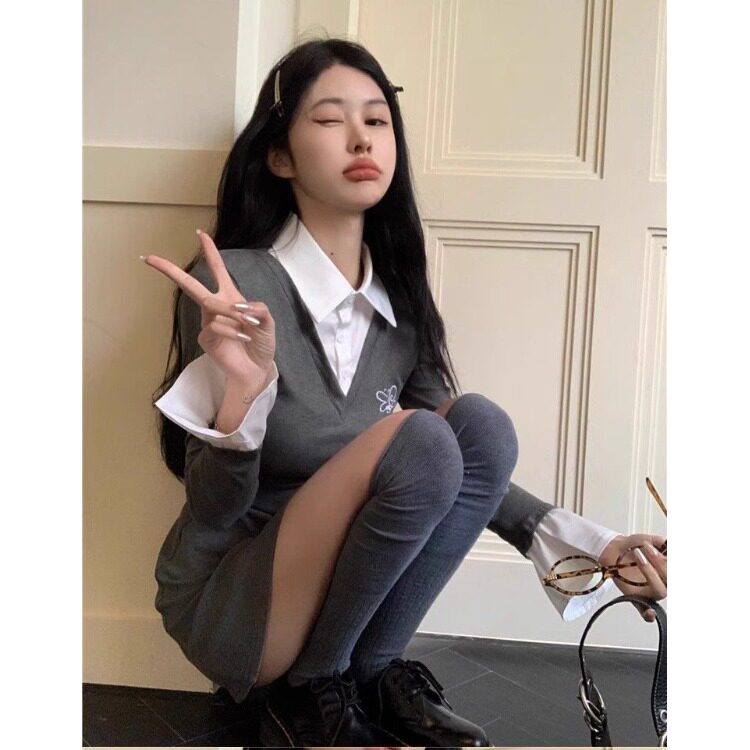 灰色假两件长袖衬衫连衣裙女秋季款性感收腰显瘦打底包臀裙短裙子