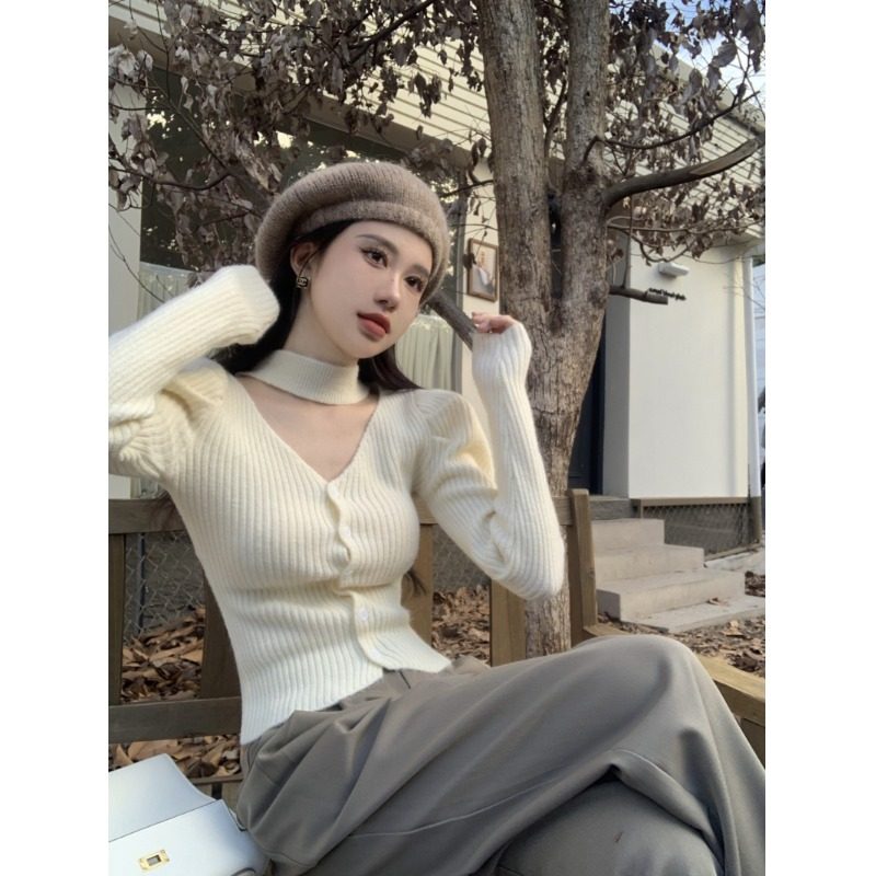 秋冬季洋气修身短款泡泡袖毛衣女内搭打底衫v领长袖针织开衫上衣