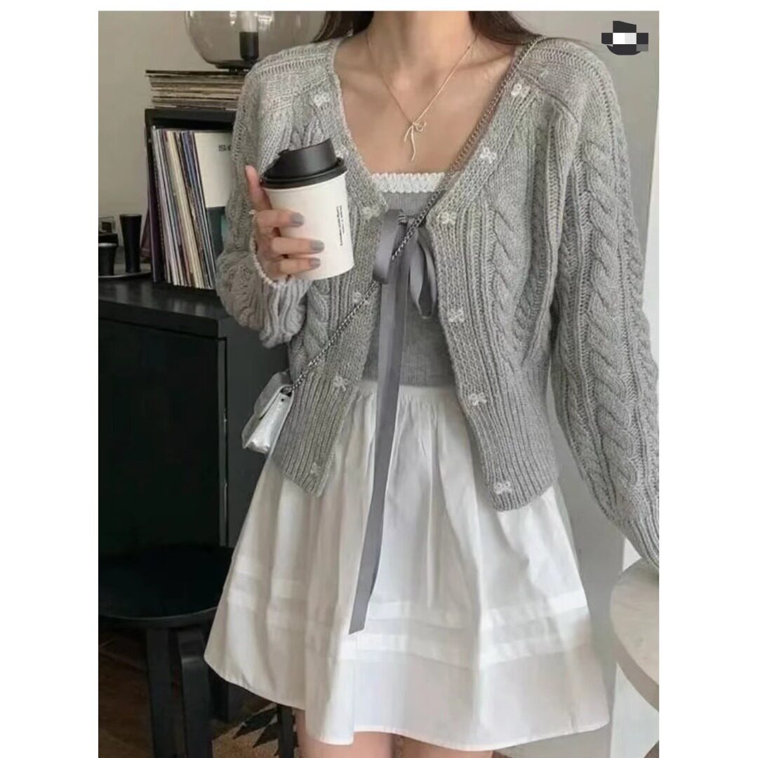 甜美蝴蝶结灰色v领麻花毛衣开衫女春秋温柔慵懒宽松外搭针织外套