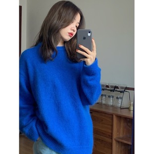 克莱因蓝色毛衣女秋冬加厚宽松外穿上衣圆领百搭长袖慵懒风针织衫