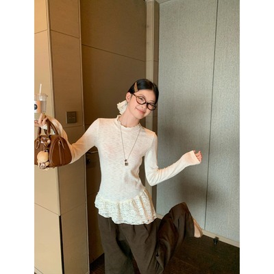 蕾丝下摆花边长袖毛衣针织衫