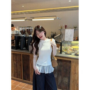 韩系女装2026高领新款网纱长袖拼接打底假两件T恤女显瘦设计上衣