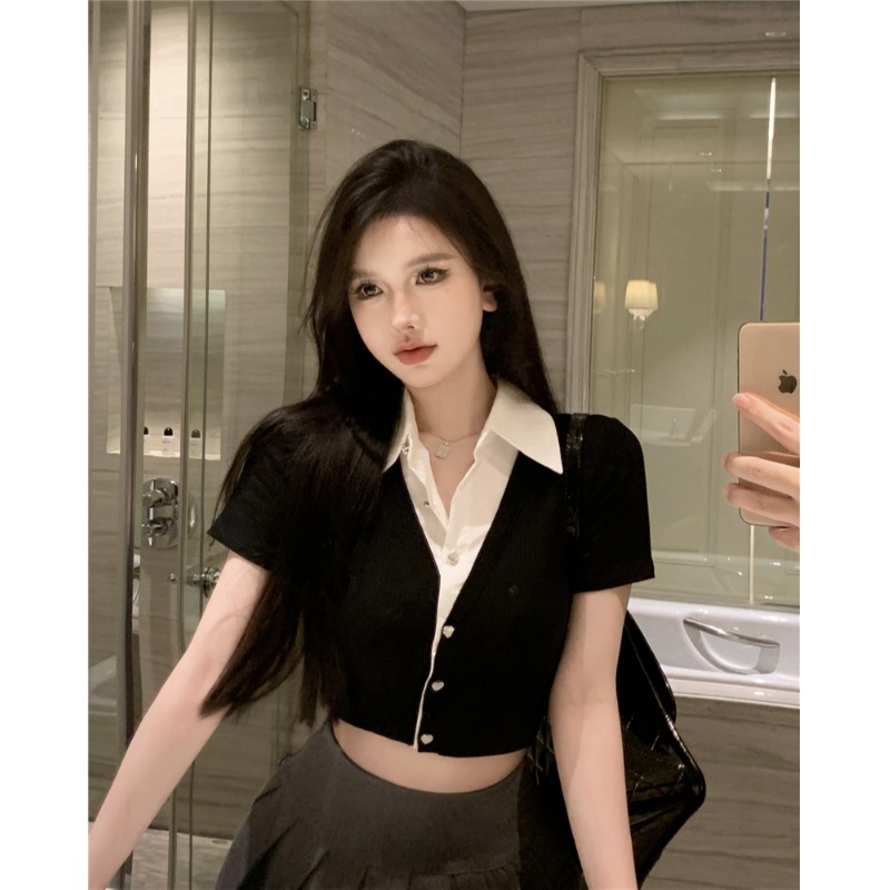 甜辣韩版t恤假两件上衣短袖女装夏季设计感紧身洋气美式薄款休闲