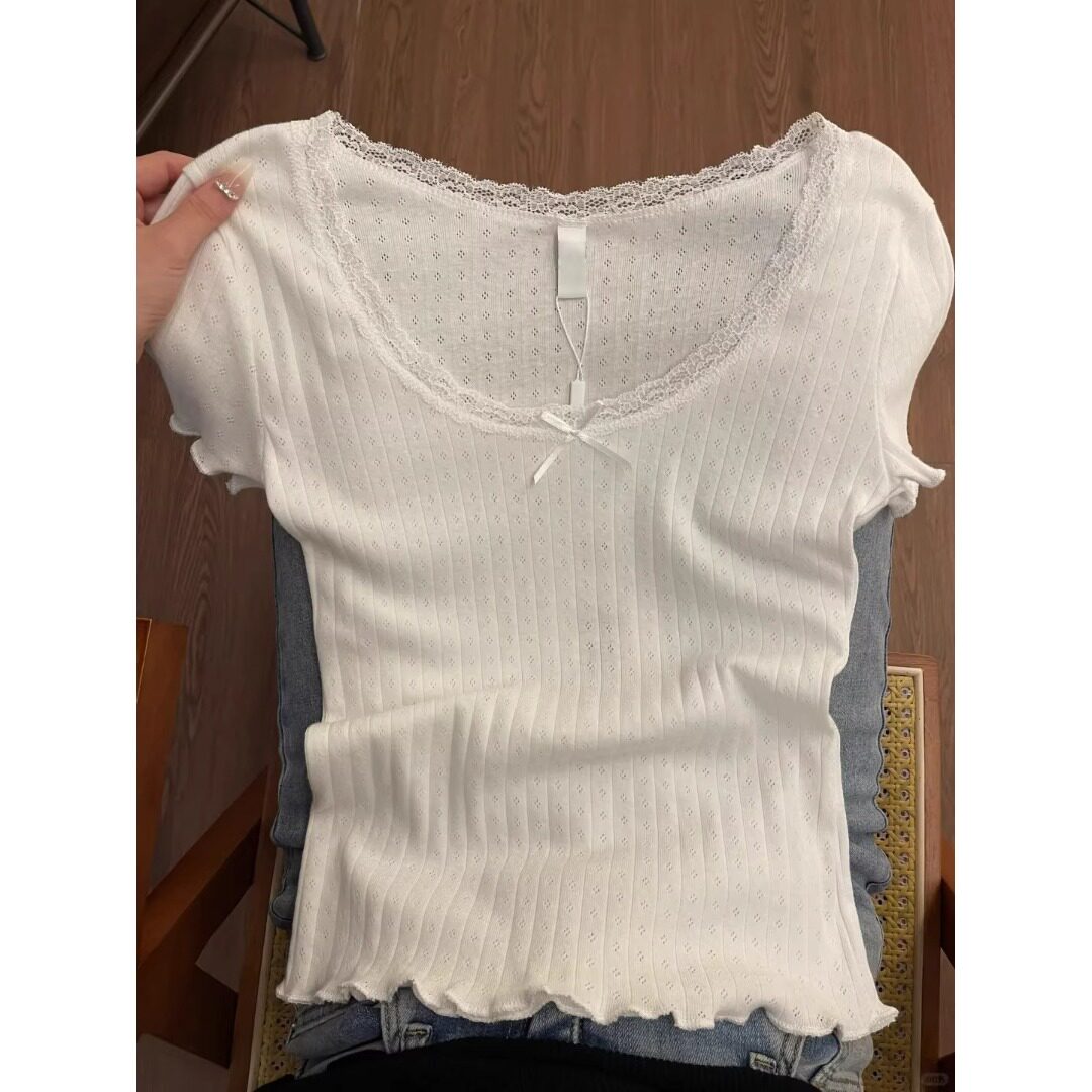 设计感纯欲蕾丝花边短袖T恤女