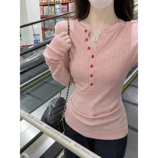 温柔风甜美粉色半开领长袖打底衫女秋韩系设计感减龄内搭上衣T恤