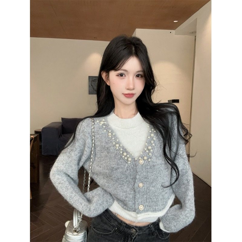 灰色叠穿假两件上衣女套头气质针织衫毛衣慵懒风高级感设计感小众