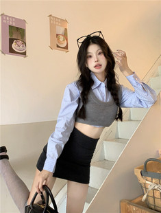 小个子辣妹套装针织马甲背心女装夏季蓝色条纹短款衬衫叠穿两件套