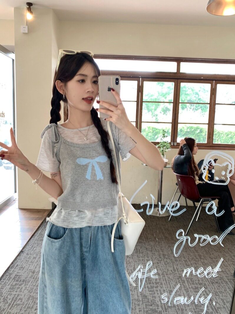 活泼减龄套装夏季新款小众短袖T恤叠穿针织吊带马甲背心女学院风