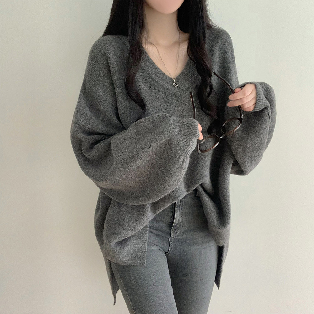慵懒风V领针织打底衫大码女装