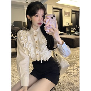 法式荷叶边长袖白衬衫女士秋冬季新款高级设计感小众别致短款上衣