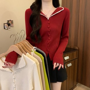 气质收腰显瘦不规则内搭针织衫女秋冬季交叉高领毛衣纽扣打底上衣
