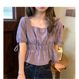 方领泡泡袖短款上衣女短袖衬衫设计感小众韩版娃娃衫夏季款2025年