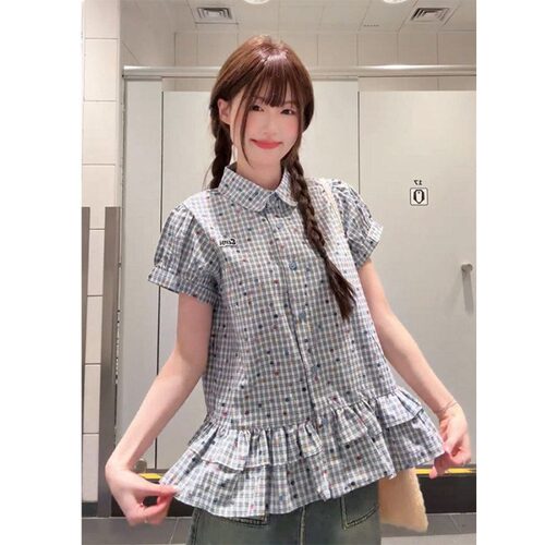 韩系学院蓝格短袖收腰衬衫女