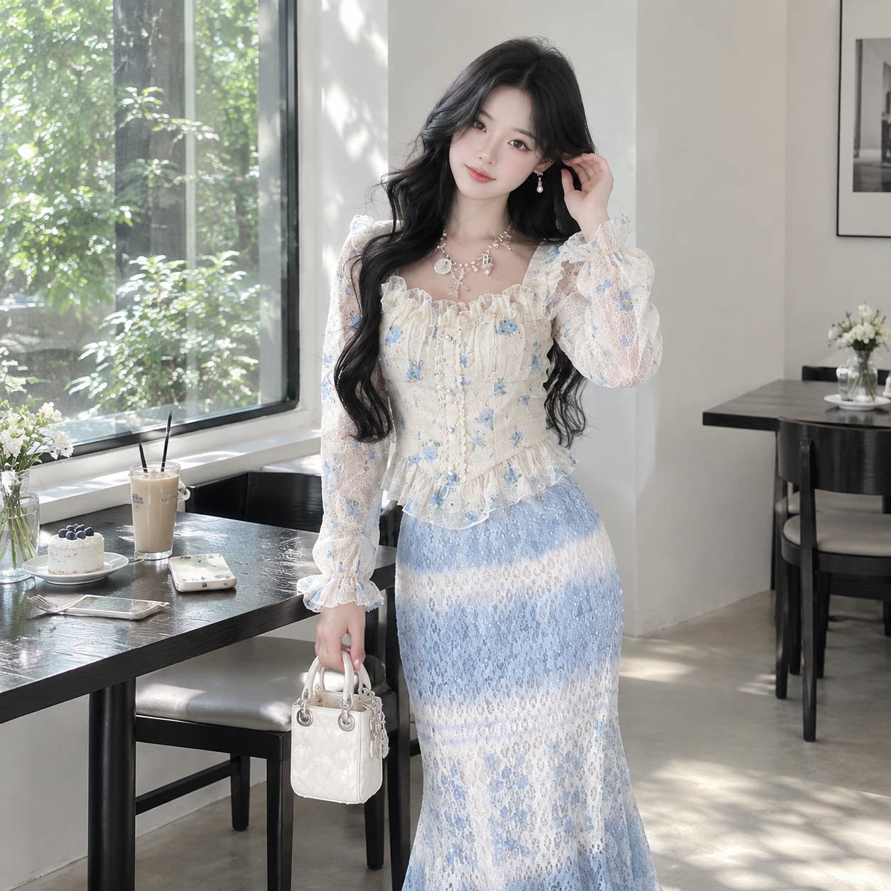 度假碎花收腰鱼尾高腰两件套