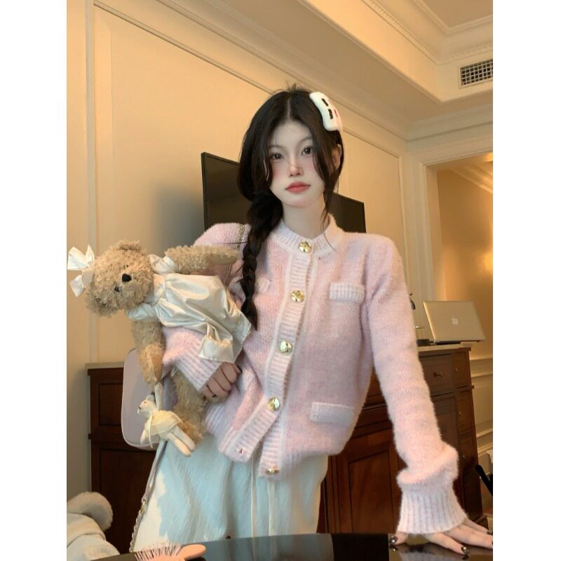 小香风粉色短款长袖仿水貂毛针织开衫毛衣女甜美温柔高级宽松上衣