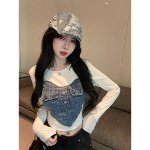 牛仔印花保暖长袖t恤女美式辣妹短款小上衣秋冬加绒打底衫内搭女