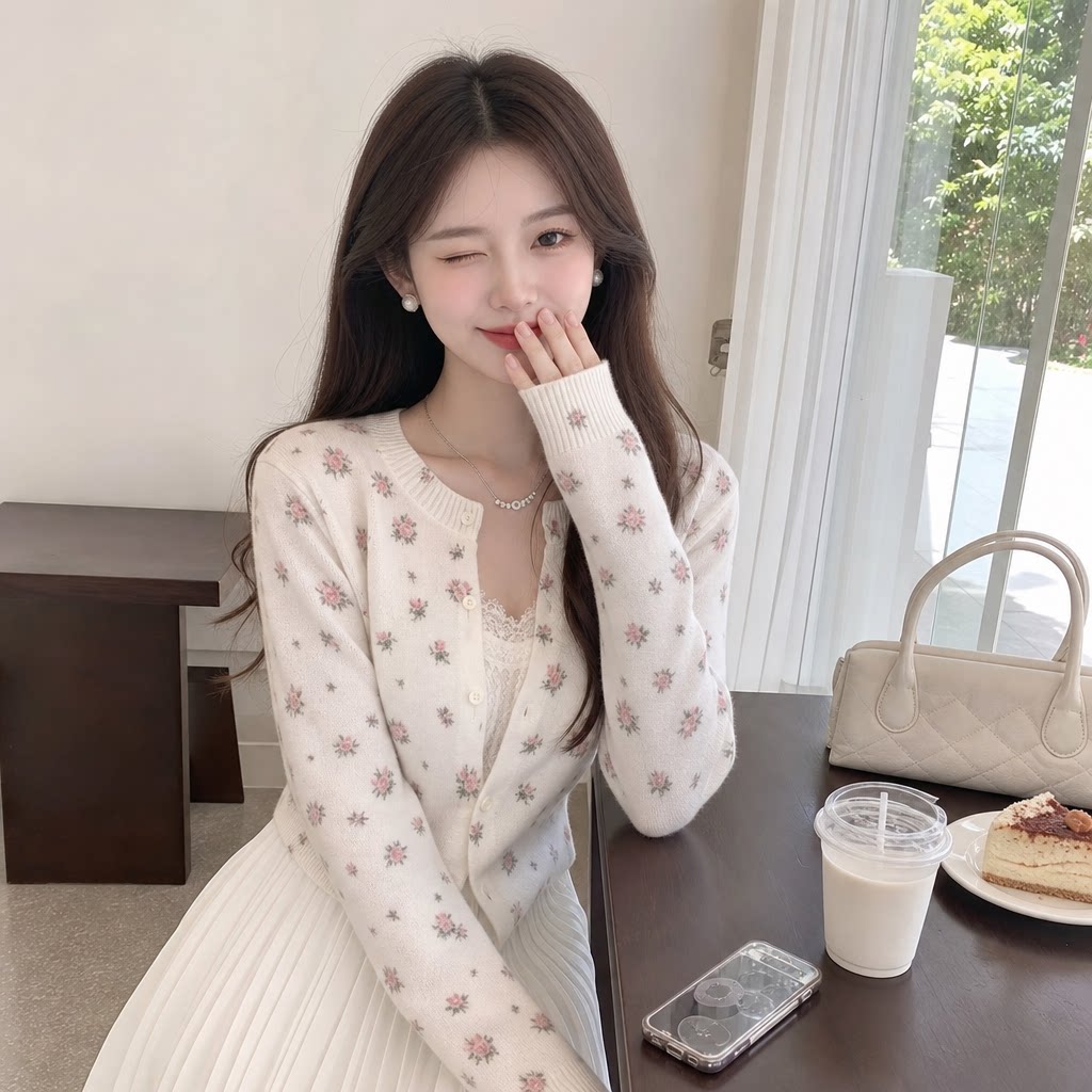 韩系小碎花开衫毛衣女秋冬薄款