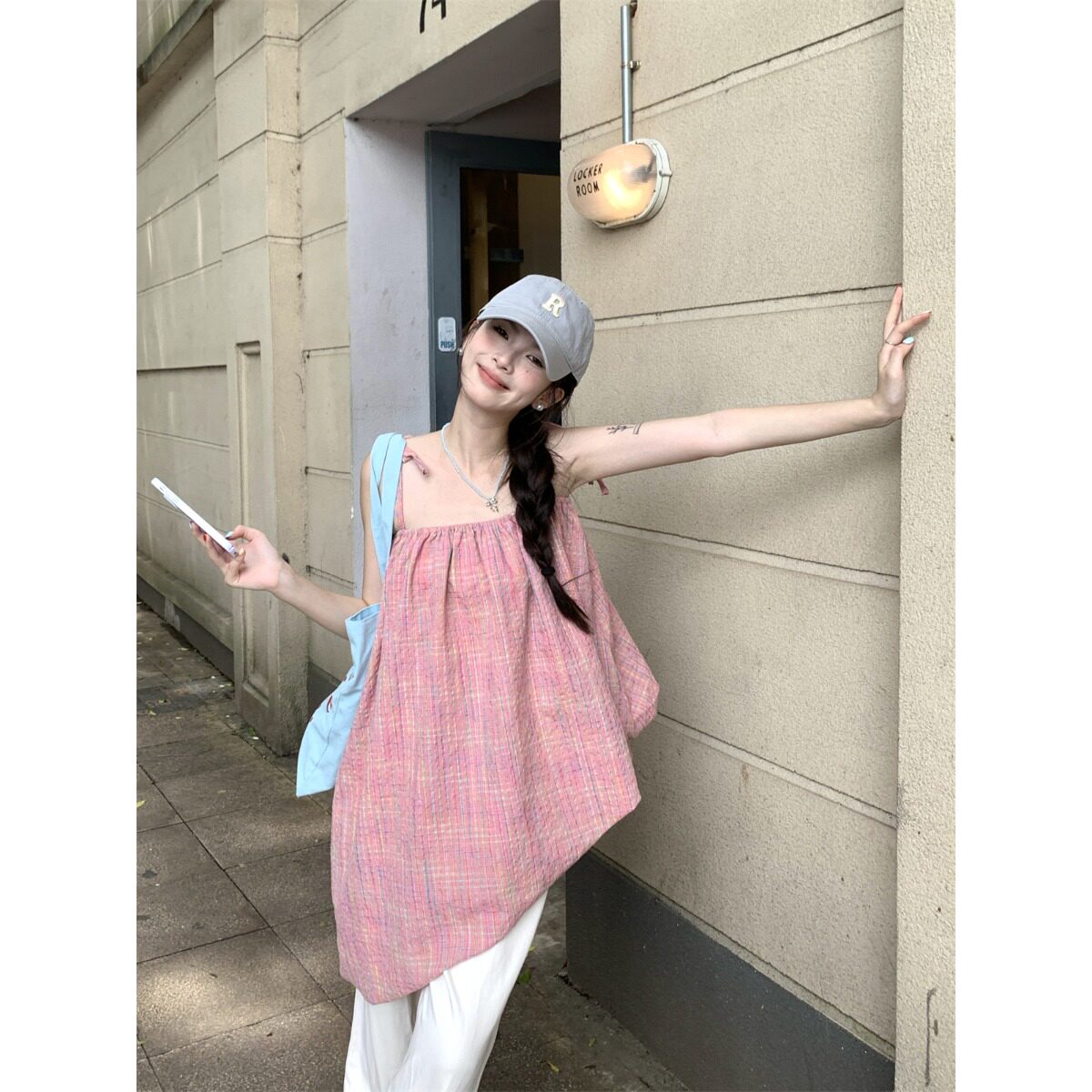 2025夏季爆款韩系不规则不对称格子粉色显白背心女下摆吊带裙上衣