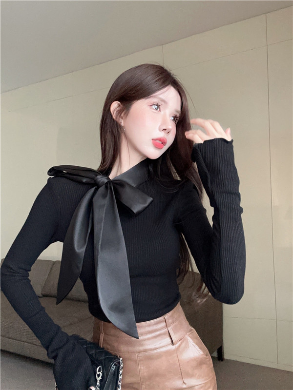 黑色蝴蝶结德绒衫女秋冬季内搭打底套头毛衣修身显瘦气质长袖上衣
