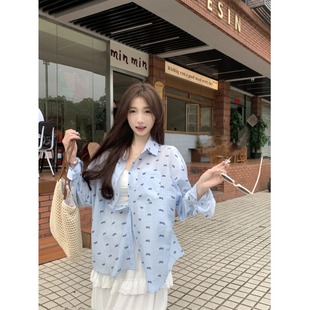 蝴蝶结碎花休闲外穿长袖上衣女春季2026新款韩版宽松薄款防晒衬衫