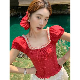 法式波点泡泡袖红色上衣女高级感2025新款夏季设计感小众短袖衬衫