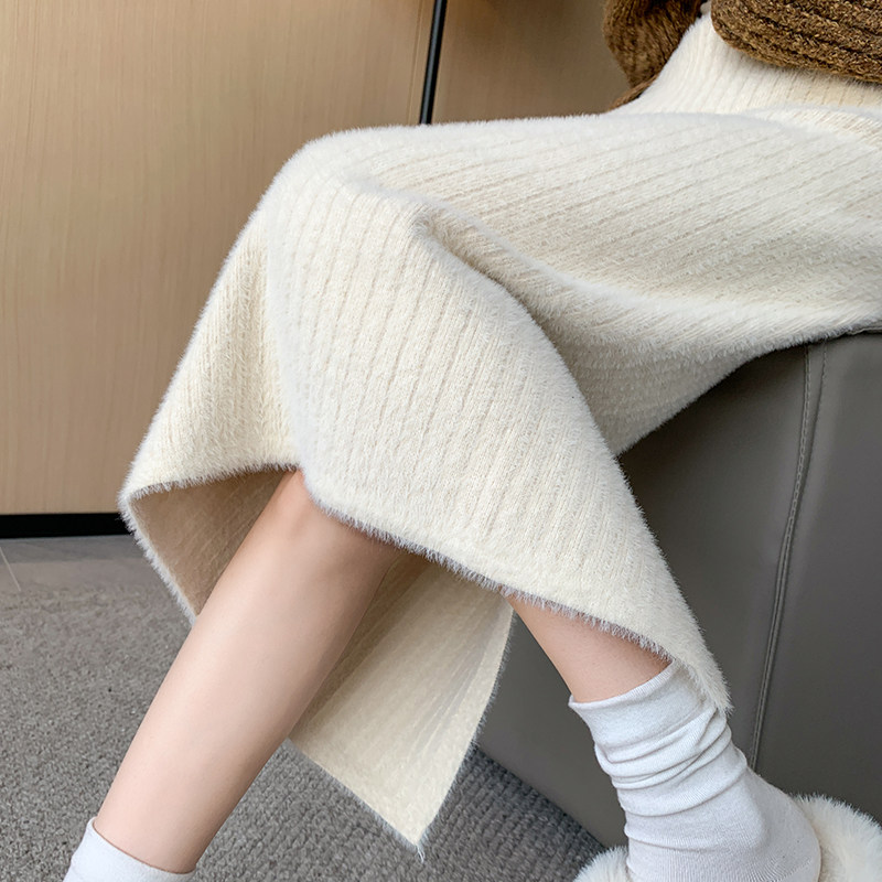 秋冬高腰中长水貂绒时尚针织半身裙小个子开叉一步裙修身包臀裙女