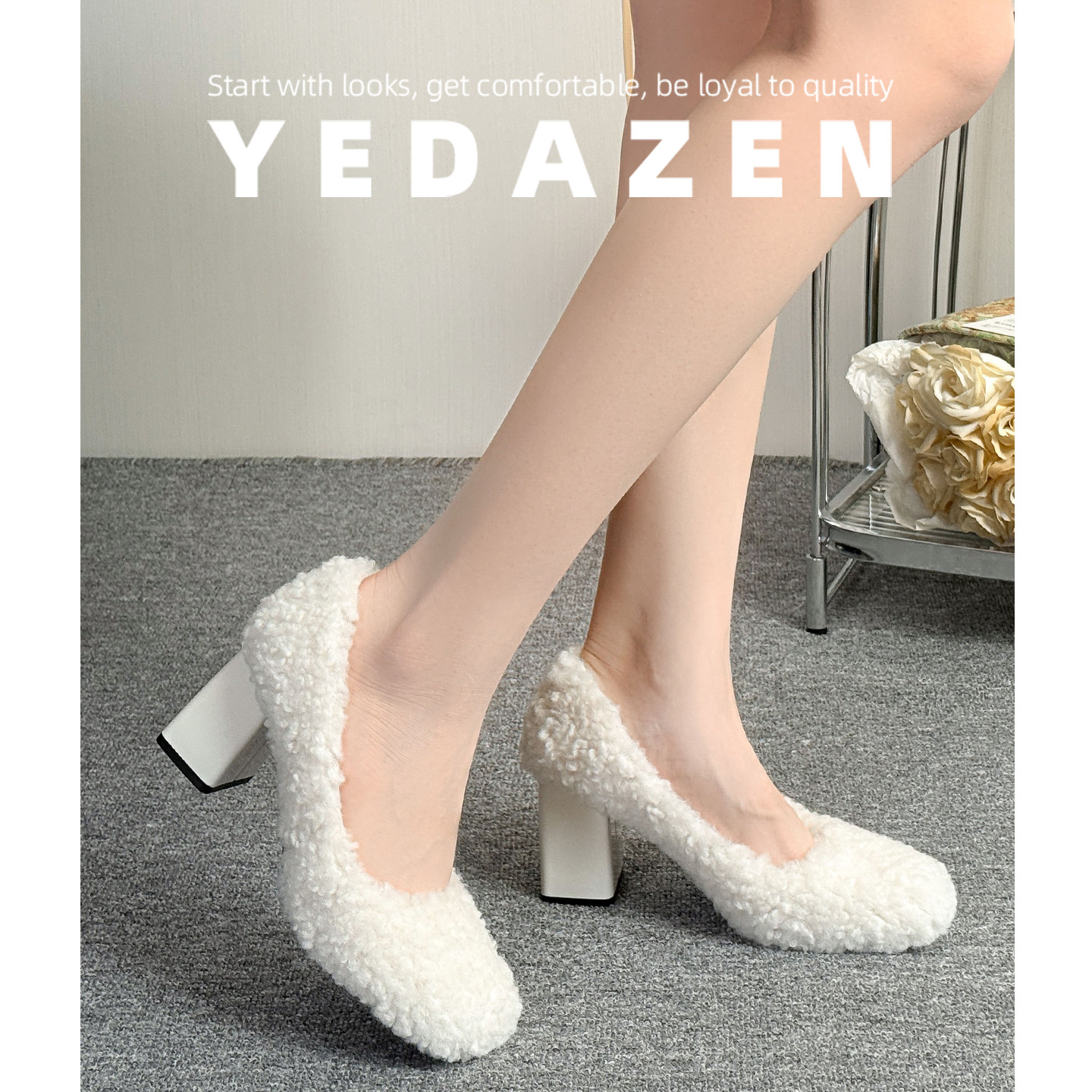 白色高跟鞋粗跟一脚蹬毛毛鞋女冬外穿2025新款保暖棉鞋加绒豆豆鞋