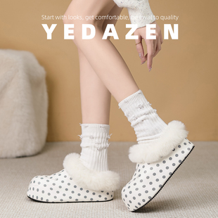 巨好看波点雪地靴低帮女冬季加绒厚底一脚蹬白色内增高笑脸毛毛鞋