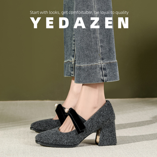 法式灰色毛毛高跟鞋女外穿冬季加绒绝美方头玛丽珍鞋粗跟毛呢单鞋