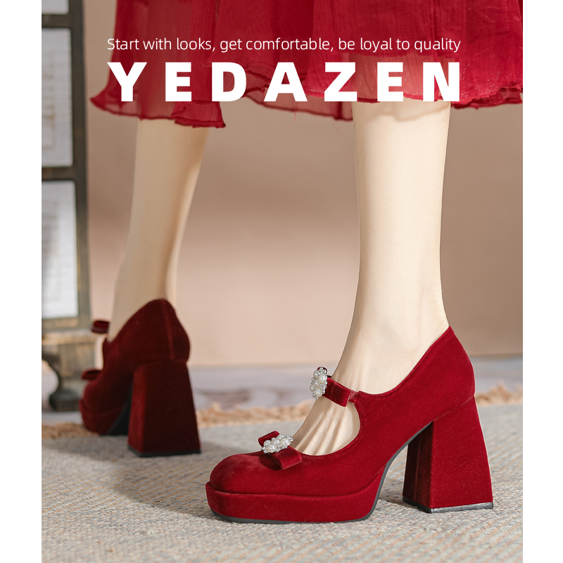 高级感红色高跟鞋女粗跟中式敬酒服婚鞋禾秀婚纱两穿玛丽珍珠单鞋