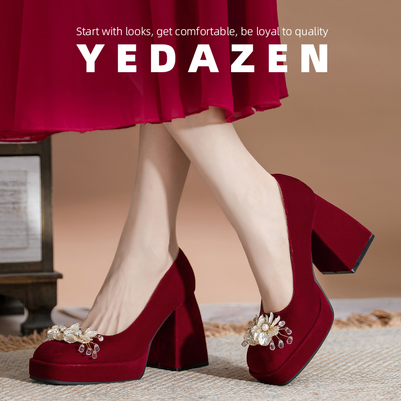 高级感红色防水台水钻超高跟鞋粗跟中式秀禾汉服花朵婚鞋丝绒单鞋