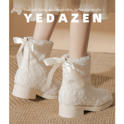 小众设计蝴蝶结复古加绒雪地靴女厚底2025新款冬季白色高跟鞋短靴