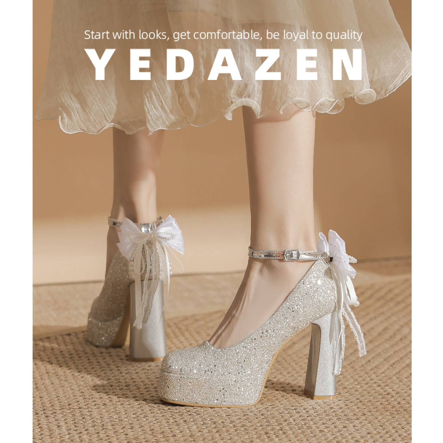 蝴蝶结厚底玛丽珍高跟鞋女粗跟小个子银色水晶婚鞋日常可穿伴娘鞋