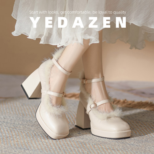 高级感白色毛毛礼服高跟鞋粗跟外穿秋冬加绒新中式玛丽珍旗袍单鞋