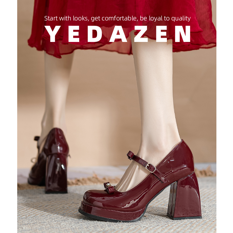 法式红色玛丽珍高跟鞋女粗跟防水台小个子蝴蝶结单鞋2025秋季新款
