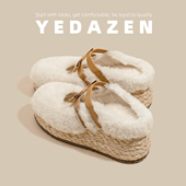 一脚蹬白色玛丽珍毛毛鞋 半拖 加绒厚底渔夫鞋 女坡跟蝴蝶结单鞋 冬季