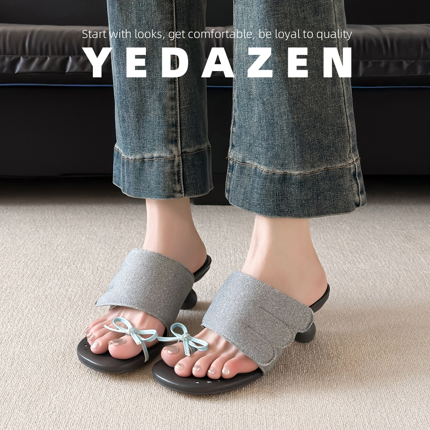 韩国绝美灰色夹趾凉鞋女粗跟夏季外穿高跟法式蝴蝶结拖鞋2026超火